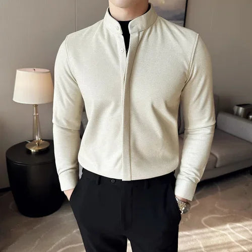 Bonsir Autumn Winter Two Fake Woolen Shirts for Men Fashion Stand Collar Casual Business Dress Shirts Social Party Tuxedo Blouse