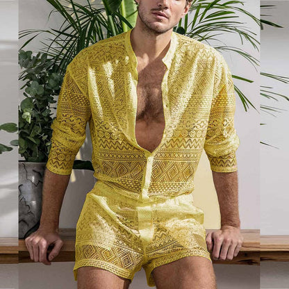 sanyamk New Arrivals Men Set Summer Sexy See Through Lace Outfits Beach Fashion Short Sleeved Tops And Shorts Mens Two Piece Suits