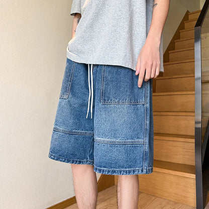 sanyamk Summer New High Street Casual Versatile Denim Capris Elastic Waist Men's Korean Style Loose Wide Leg Large Pocket Shorts