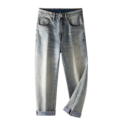 sanyamk New Vintage Aged Wash Loose Jeans Men's Straight Nostalgic Blue Pants Trend for Spring and Summer