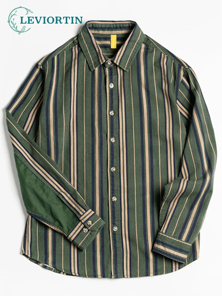 sanyamk Vintage Men Green Vertical Striped Shirts Long Sleeve Cotton Button Up Tops Male Shirt Tops Korean Streetwear Camisas De Hombre