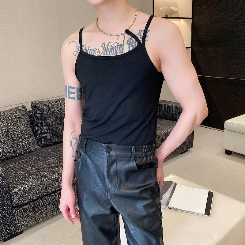 Bonsir Metal Chain Decorate Plain Trendy Sleeveless Vests Original Men Personalized Fashion Street High Quality Tank Tops