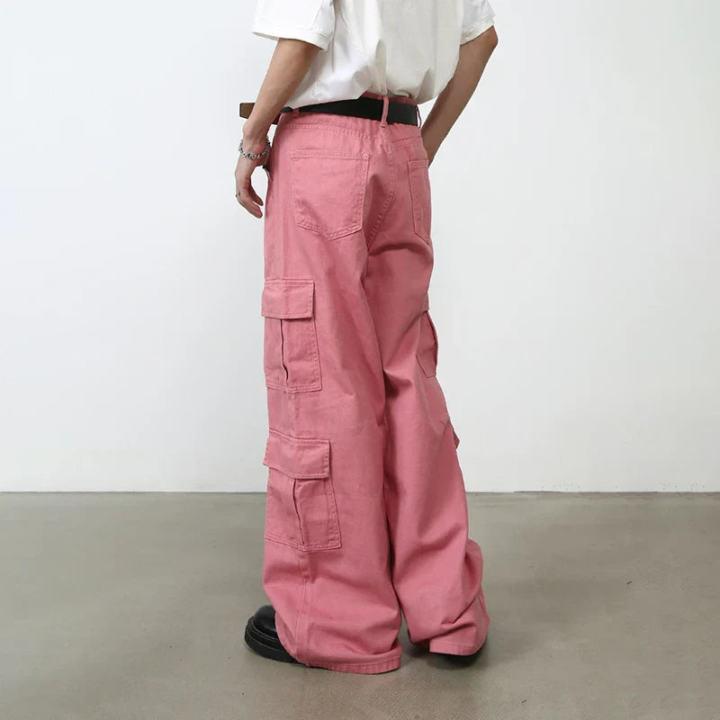 sanyamk Pink Cargo Jeans Pants Men Oversize Wide Leg Denim Trousers Male Loose Casual Japanese Streetwear Hip Hop Pocket