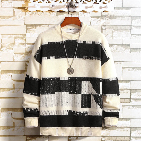 sanyamk New Autumn Men Fashion Sweaters Knitwear Top Contrast Color Stripe Hole Casual Jumper Knit Pull Vintage Jersey Christmas Sweater