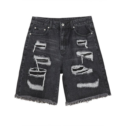 sanyamk Men's Shorts Wear Summer New Korean Fashion Loose Hole Burr Design Denim Casual Vintage Temperament Male T3930