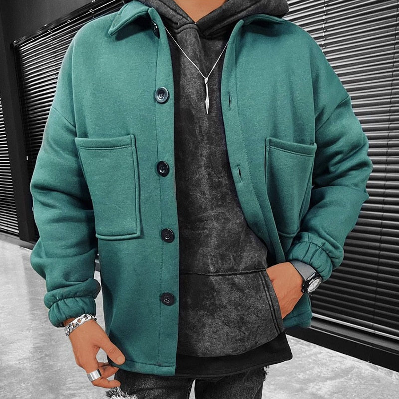 Bonsir Autumn Winter Woolen Jacket Men Casual Loose Long Sleeve Buttoned Turn-down Collar Solid Coats Mens Streetwear Fashion Cardigans