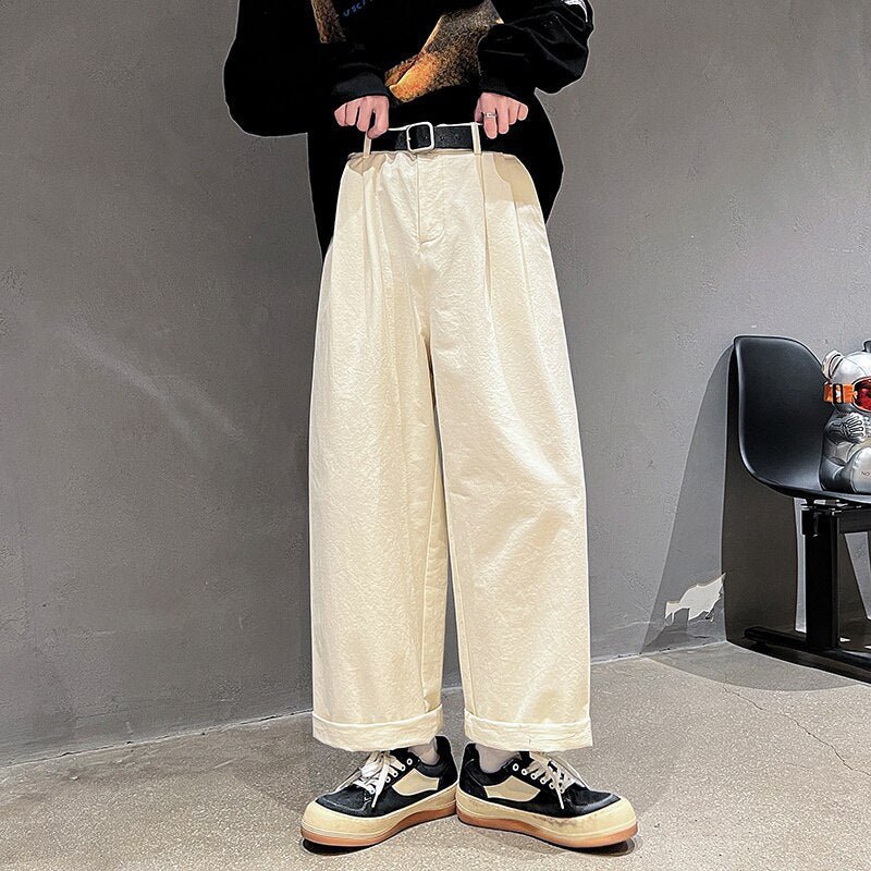 Bonsir Cotton Oversized Casual Pants Men Fashion Loose Wide Leg Pants Men Japanese Streetwear Hip Hop Straight Pants Mens Trousers