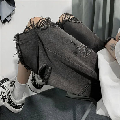 sanyamk New Style Ripped Denim Shorts Men's Clothing 2024 Summer Five-point Korean Casual Youth Straight Trousers Boutique Clothing