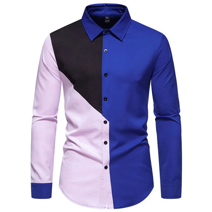 BONSIR  -  Autumn Foreign Trade New Men's Polo Collar Colored Long Sleeved Shirt European Casual Splicing Large Men's Shirt