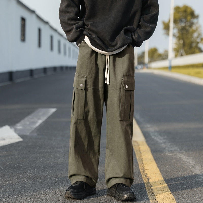 Bonsir Multi-pockets Casual Cargo Pants Men's Streetwear Vintage Trousers Hip-hop Overalls Fashion Loose Straight Wide Leg Pants Men