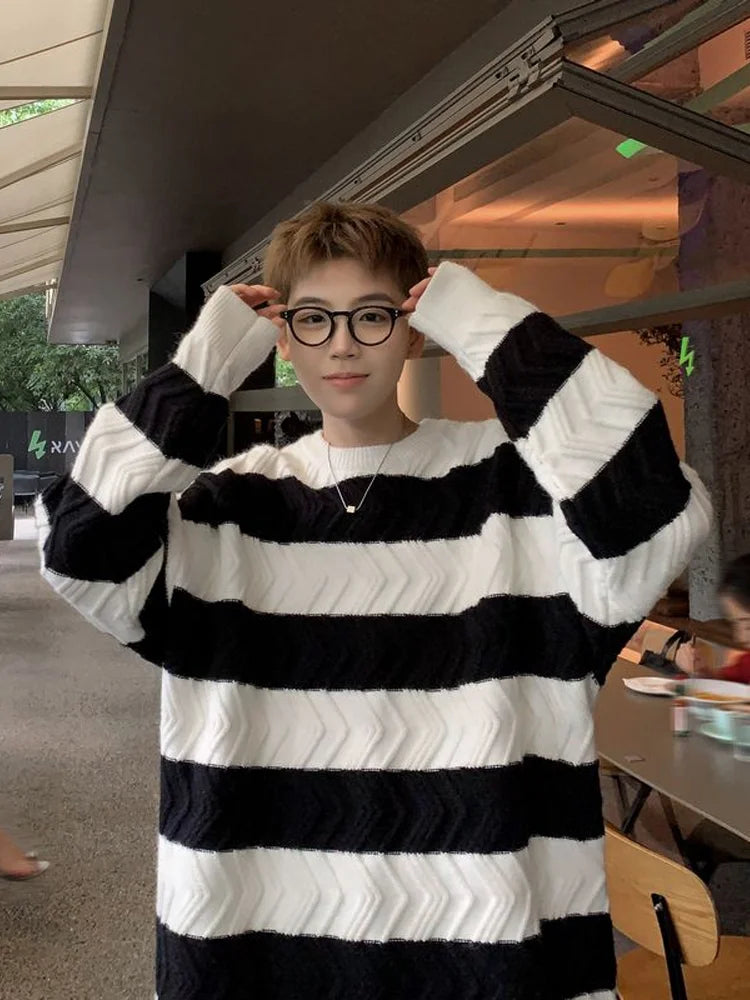 sanyamk Striped Sweaters Men Autumn Contrast Color Windproof Daily Chic Vitality College Hip Hop Fashion Simple Knitting Hong Kong Style