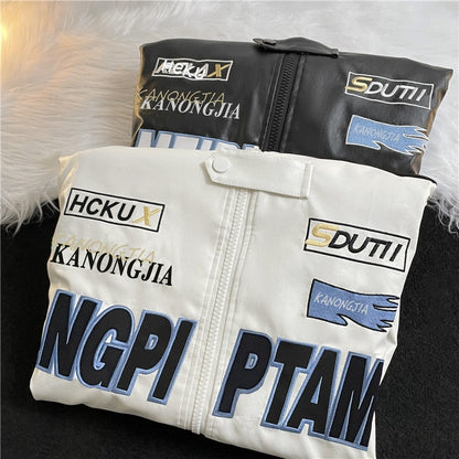 sanyamk American Embroidered Leather Jacket Men Pilot Motorcycle Suit New Fashion Casual Punk Harajuku Oversized Jacket Streetwear