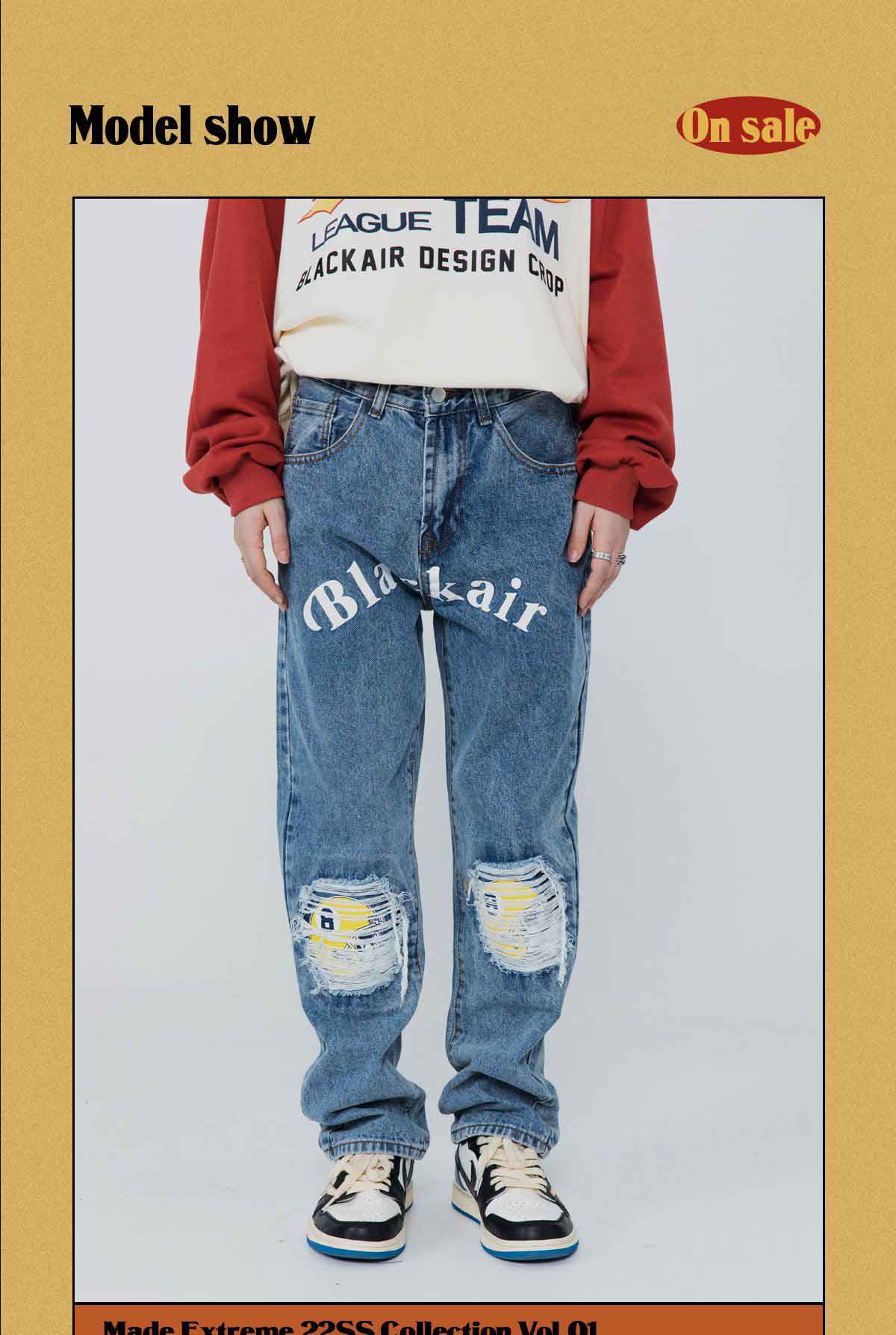 Bonsir High Street Ink Printing Letter Jeans Men Loose Hip Hop Smiley Face Ripped Hole Denim Pants Straight Jeans Male