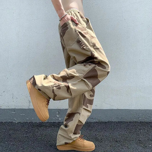 sanyamk American Trend Vintage Summer Casual Cargo Pants Men Print Elastic Waist Drawstring High Street Loose Straigh Wide Leg Trousers