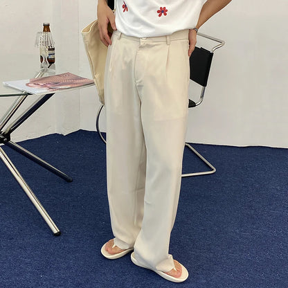 sanyamk -  Men's New Korean Style Business Casual Trousers Suit Pants Solid Zipper Fly Button Loose Straight Ins Trends 2D0122