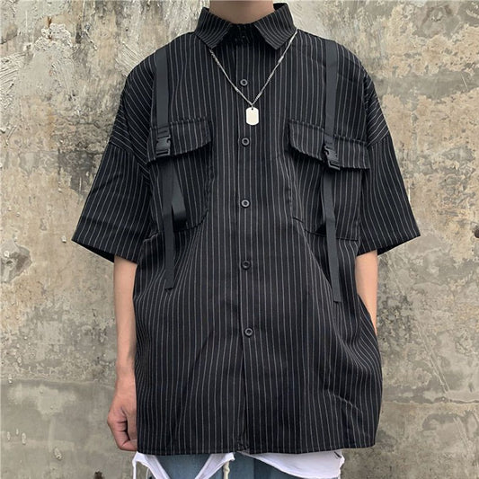 Bonsir Cargo Shirts Joggers Half Sleeve Mens Trendy Hip Hop Casual Summer Handsome Harajuku Loose Striped Shirt Handsome Gothic Camisa