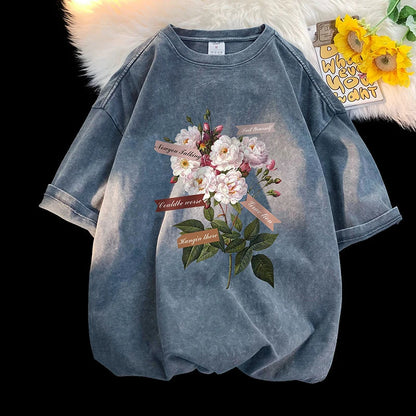 sanyamk Vintage Flowers Graphic Print T-shirt Gothic Men Tshirts Washed Short Sleeved Man Tops Round Neck General Tee