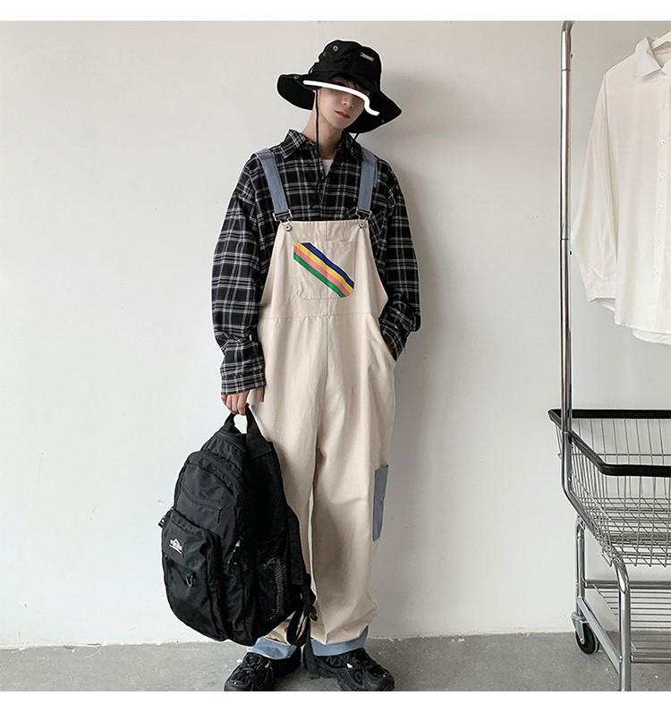 sanyamk Men Suspenders Jumpsuits Oversized Rainbow Printing Overalls Summer Straight Casual Pants Vintage Splicing Trousers Male Clothes