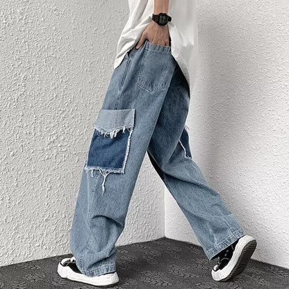 Bonsir Patch Torn Jeans Men's Retro Straight Tube Loose and Versatile Wide Leg Pants High Street Ins Trendy Plus size Beggar Pants