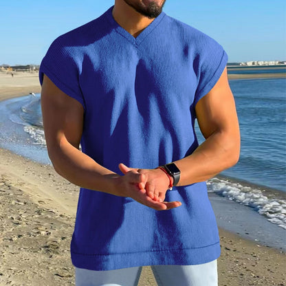 Bonsir Vintage Solid Color Ribbed V Neck Tank Tops Mens Summer Loose Sleeveless Casual Vest For Men Clothes Fashion Streetwear Camisole