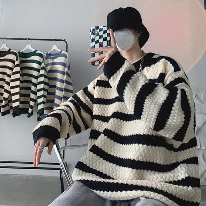 sanyamk Winter Men's Stripe Printing Coats Round Neck Wool Sweater Retro Loose Pullover Fashion Trend Thickened Knitting M-2XL