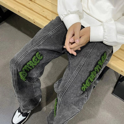 sanyamk Jeans for Men With Print Straight Trousers Grunge Y2k Graphic Baggy Low Rise Stretch 2024 Trend 90s Streetwear Mens Cowboy Pants