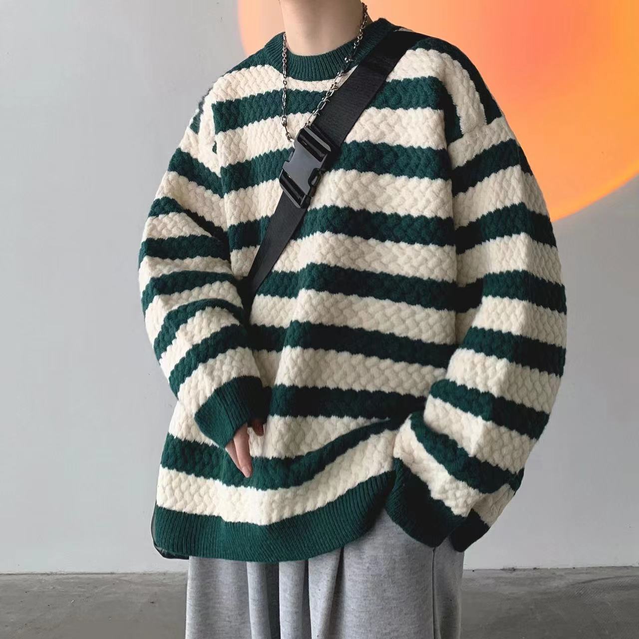 sanyamk Winter Men's Stripe Printing Coats Round Neck Wool Sweater Retro Loose Pullover Fashion Trend Thickened Knitting M-2XL