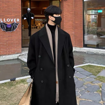 sanyamk Winter Men Black Thick Woolen Trench Coats Korean Style High Quality Male Casual Trenchcoat Men's Streetwear Windbreaker