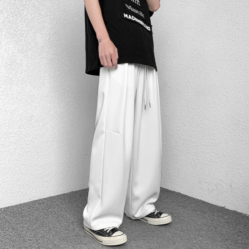 Bonsir Korean-style Baggy Casual Wide-leg Pants Male Summer Ice Silk Thin Fashion Loose Drawstring Harem Pants Streetwear Trousers