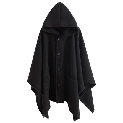 sanyamk Mens Dark Style Mid-Length Casual Hooded Cape Autumn And Winter Genderless Fashion Retro Loose Solid Color Shawl Cape Unisex