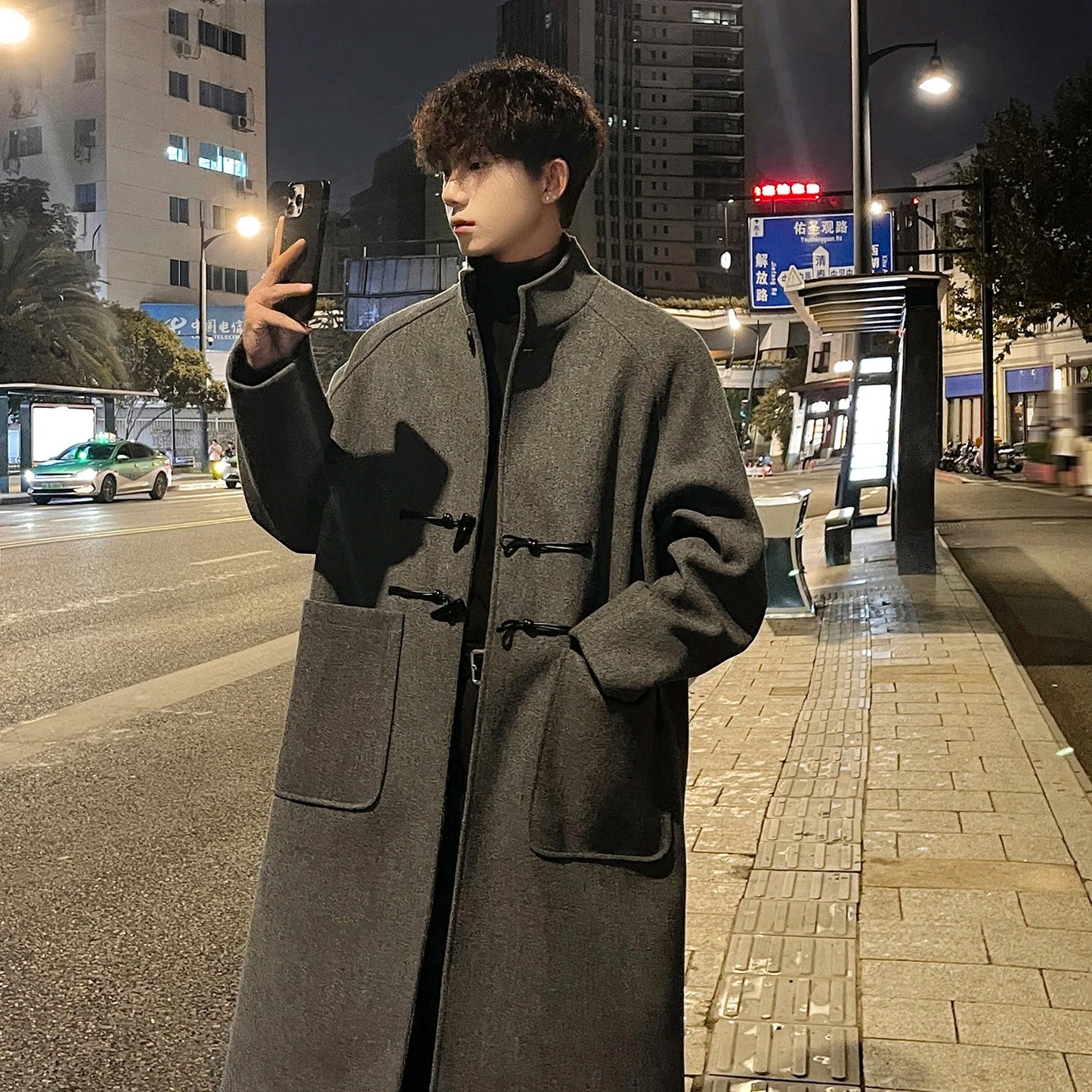 sanyamk Autumn Winter Men Horn Button Woolen Coat Mid Length Stand Collar Trench Coat Solid Color Big Pocket Overcoat Streetwear