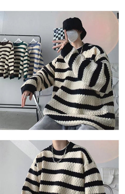 sanyamk Winter Men's Stripe Printing Coats Round Neck Wool Sweater Retro Loose Pullover Fashion Trend Thickened Knitting M-2XL