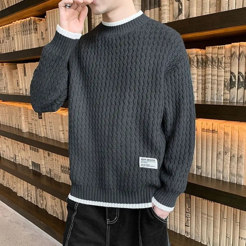 Bonsir Men's Clothing Autumn Winter Korean Contrast Color Casual Streetwear Knitted Sweater Trend Long Sleeve Loose Pullovers Tops