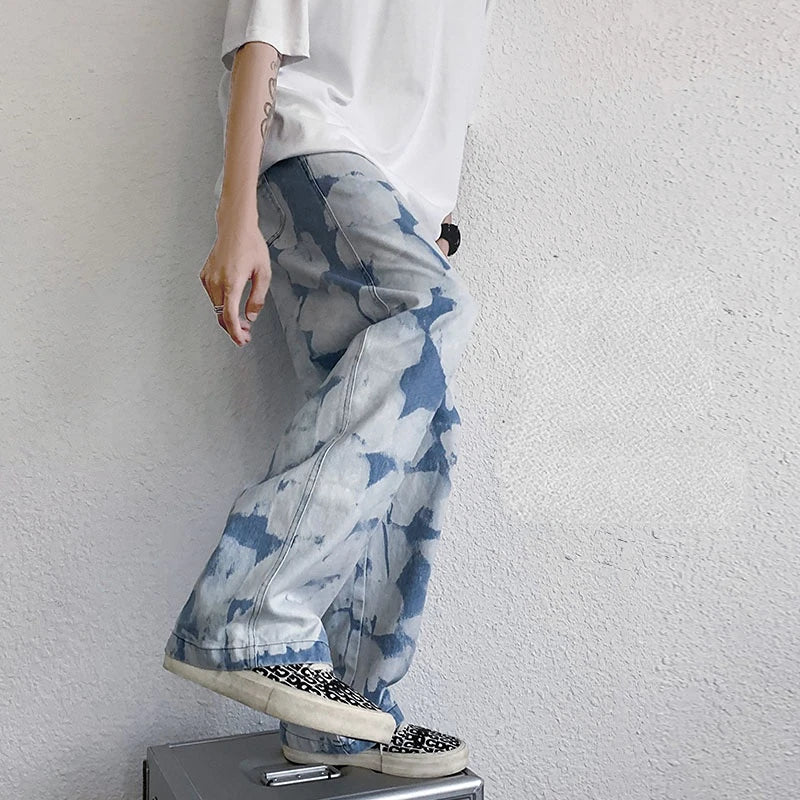 sanyamk New Spring Autumn Denim Pants Men Tie-Dye Sports Straight Casual Jean Pants Men's Hip-Hop High Street Trendy Wide-Leg Jeans