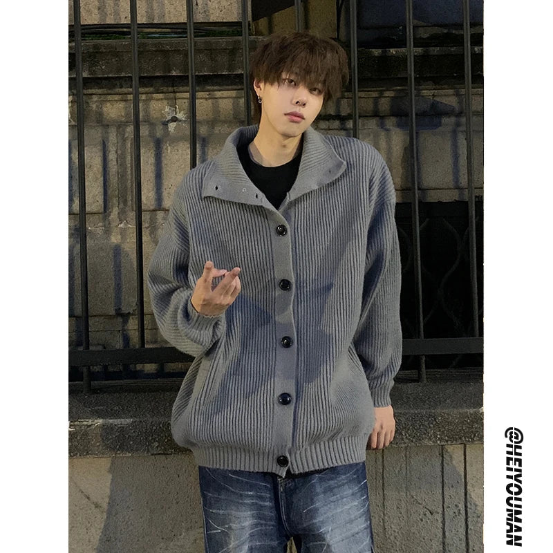 sanyamk Solid Cardigan Sweater Men Korean Lazy Leisure Knitted Sweaters Hip Hop Streetwear Loose Simple Knitwear Coat Male Clothes