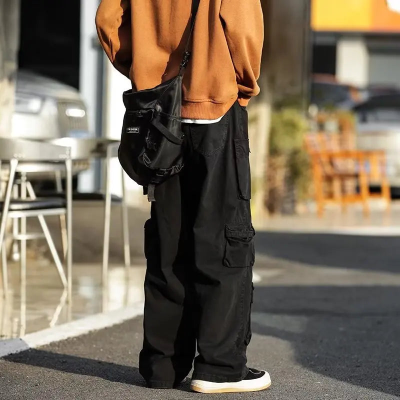 sanyamk Men's Multi-pockets Cargo Pants Autumn Vintage Solid Color Hiphop Overalls Baggy Casual High Street Mopping Trousers