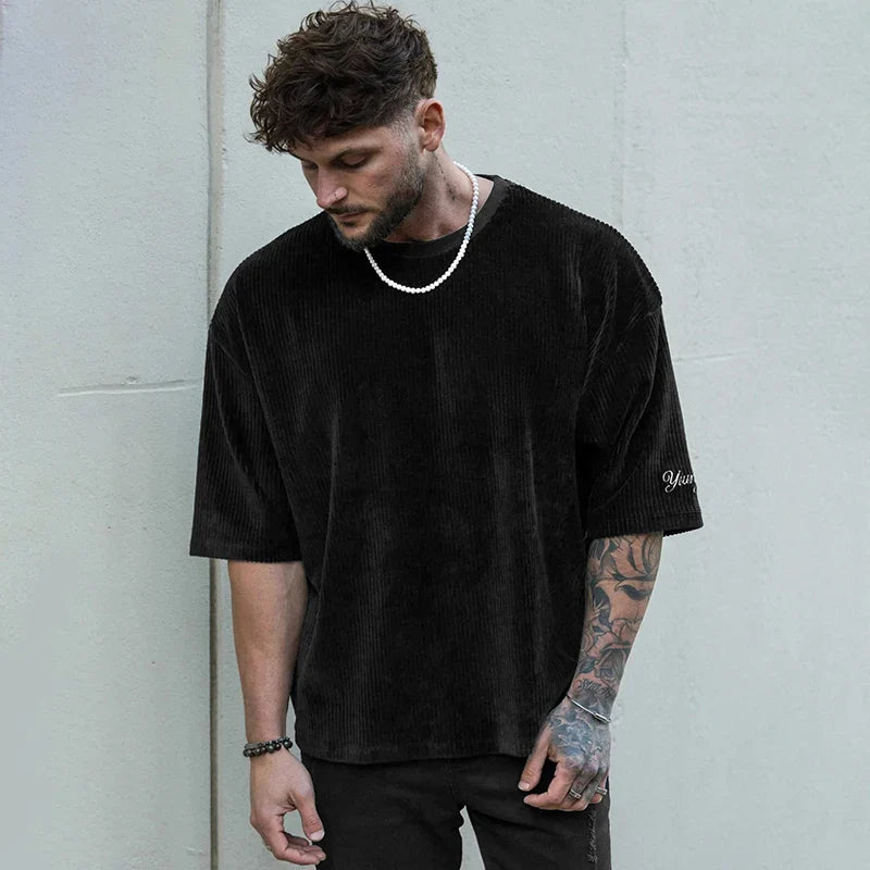 sanyamk Summer Men's Ribbed T Shirts Fashion Letter Embroidery Loose Short Sleeve Tees 2024 Streetwear Men Clothes Casual Pullover Tops