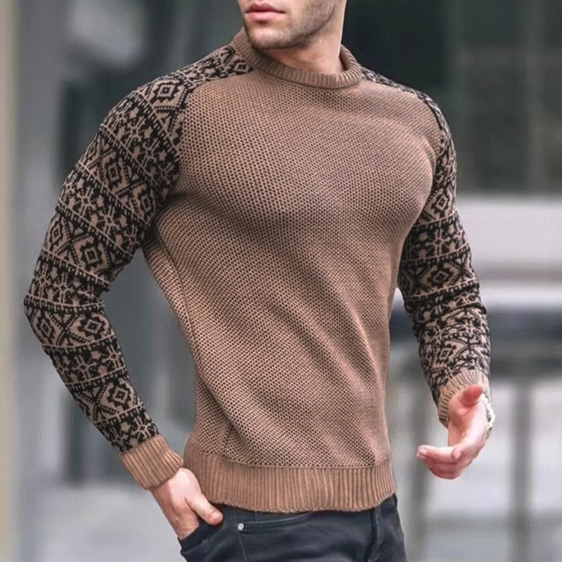 Bonsir Vintage Pattern Patchwork Long Sleeve Sweater Men Autumn Fashion Crew Neck Knitted Tops Pullover Mens Casual Slim Knit Sweaters