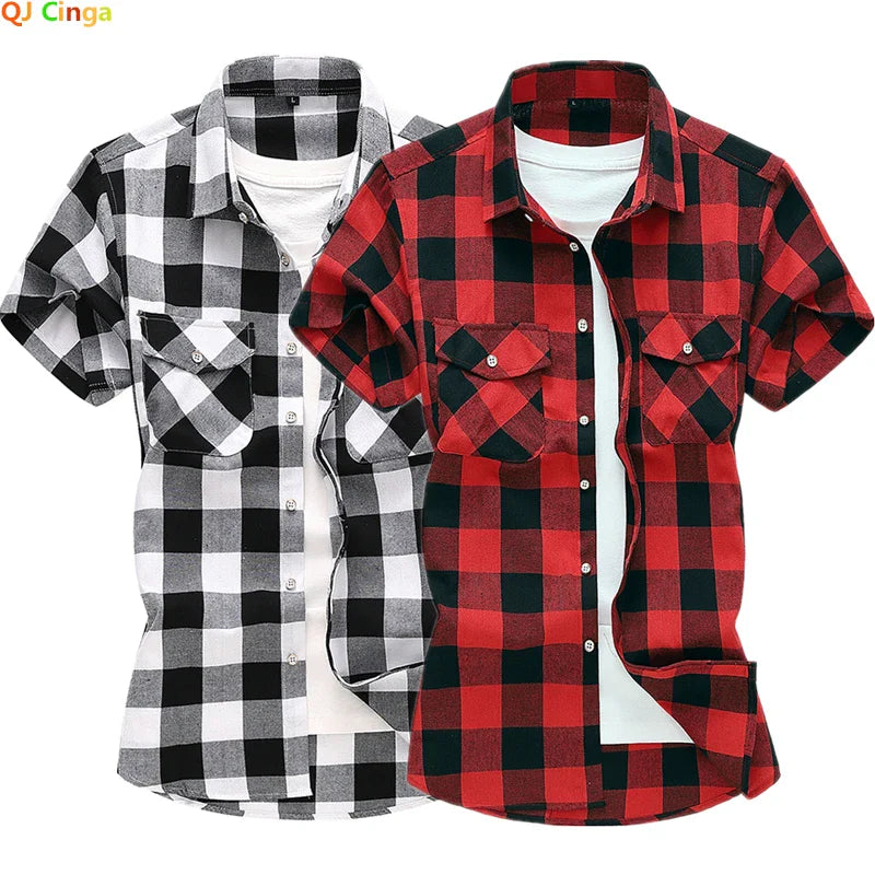 sanyamk Striped Plaid Short-sleeved Shirt Men's Single-breasted Square Collar Cotton Shirts Summer Fashion Casual Camisa Men Chemise 7XL