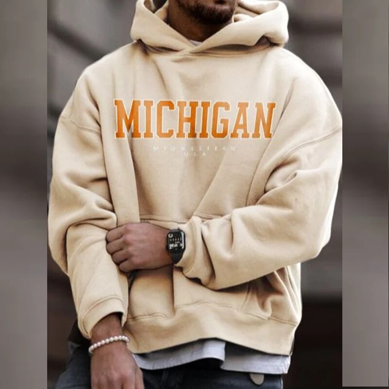 sanyamk Male Long Sleeve Hooded Vintage Sweatshirts Clothing Casual Men Pullovers Streetwear Early Fall Letter Print Loose Hoodies Top