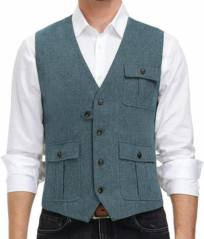 sanyamk Light Blue New Men Vest Wool Tweed Casual Waistcoat Formal Business Vest For Wedding Groomsmen Party Banquet Suit