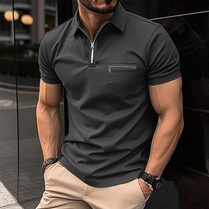 sanyamk Casual Slim Short Sleeve Lapel T-shirts Men Fashion Zipper Design Polo Shirt Summer Leisure Pure Color Slim Tops Mens Shirt