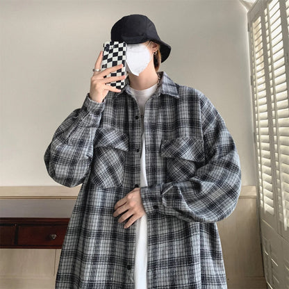 sanyamk Mens Shirt Fashion Harajuku Plaid Long Sleeve Tops Spring Autumn Vintage Jacket Trend Streetwear Oversized Male Clothing B75