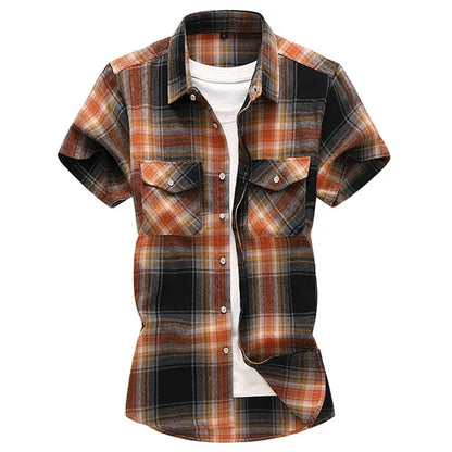 sanyamk Striped Plaid Short-sleeved Shirt Men's Single-breasted Square Collar Cotton Shirts Summer Fashion Casual Camisa Men Chemise 7XL