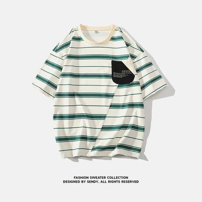 sanyamk Summer New Vintage Striped Printing Pocket Tee Homme Half Sleeve Loose Casual Fashion T-shirt Male Japanese Style Pullover Top