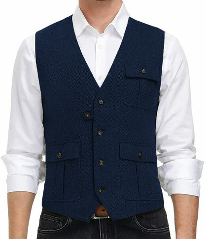 sanyamk Light Blue New Men Vest Wool Tweed Casual Waistcoat Formal Business Vest For Wedding Groomsmen Party Banquet Suit