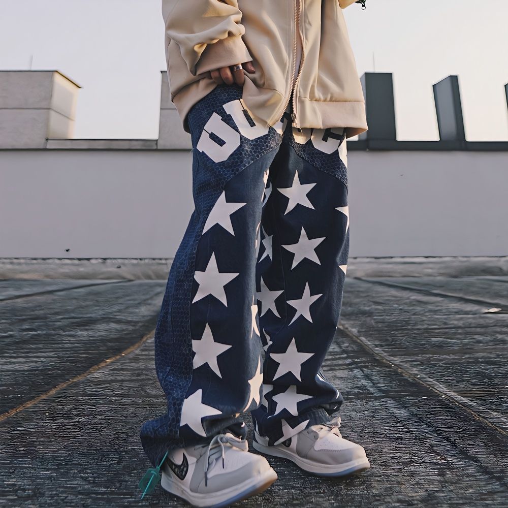 Bonsir Y2K Baggy Cargo Pants Men Blue Straight Trousers Male Casual Loose Vintage Star Streetwear Hip Hop Fashion Spring