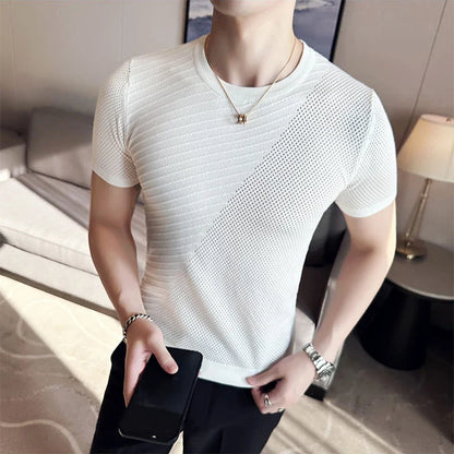 sanyamk Casual Striped Contrast Color Knit T-shirts Men Summer Fashion O Neck Short Sleeve Slim Knitted Tops Mens Leisure Breathable Tee