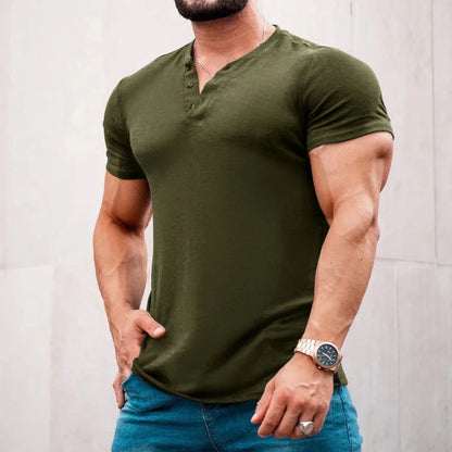 sanyamk Leisure Solid Color Short-sleeved T Shirt Men Clothes Casual Buttoned V Neck Pullover Tops Spring Summer Mens Fashion T-shirts