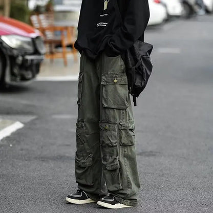 sanyamk Men's Multi-pockets Cargo Pants Autumn Vintage Solid Color Hiphop Overalls Baggy Casual High Street Mopping Trousers